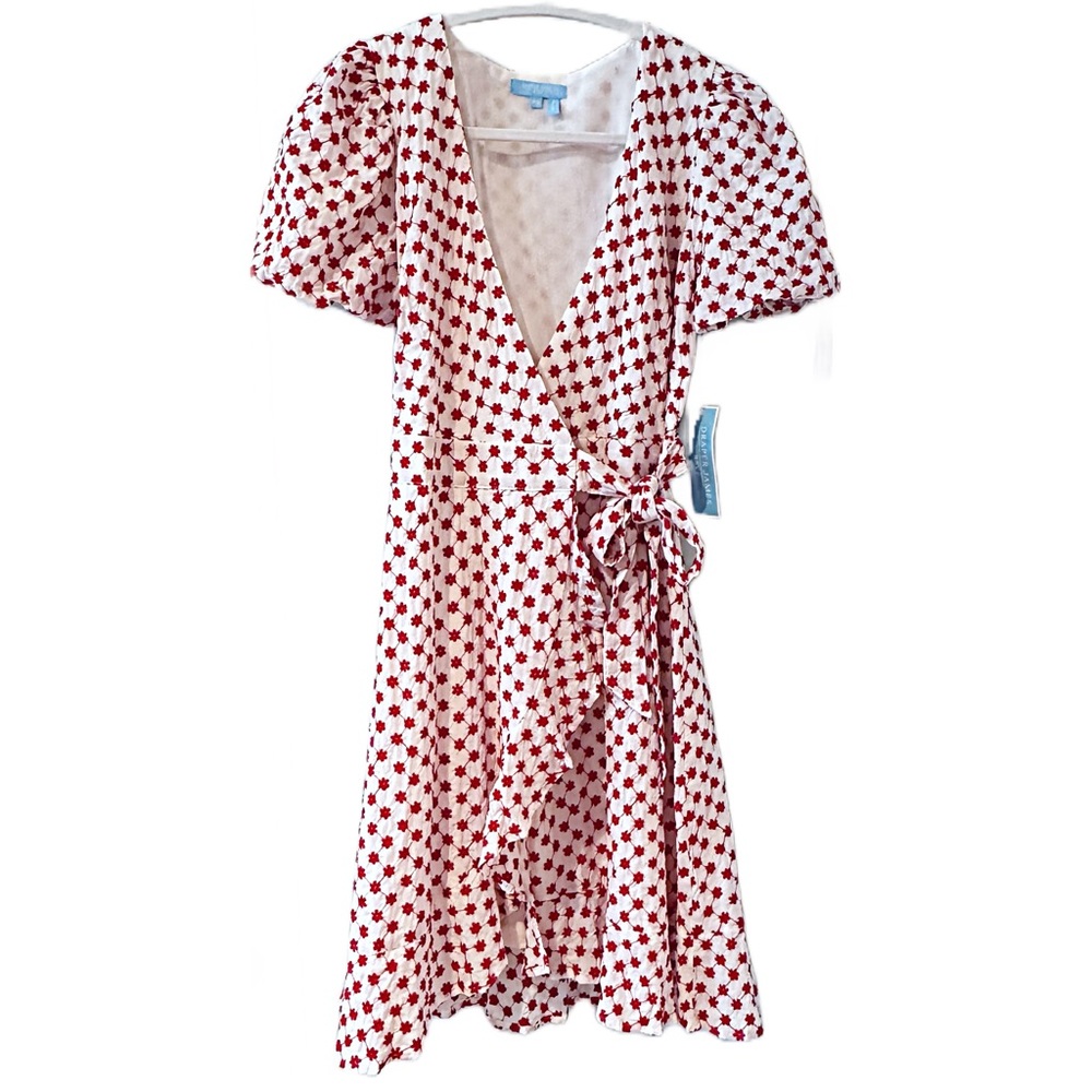Draper James RSVP Floral Embroidery Puff Sleeve Wrap Dress White Red Sz XS NWT
